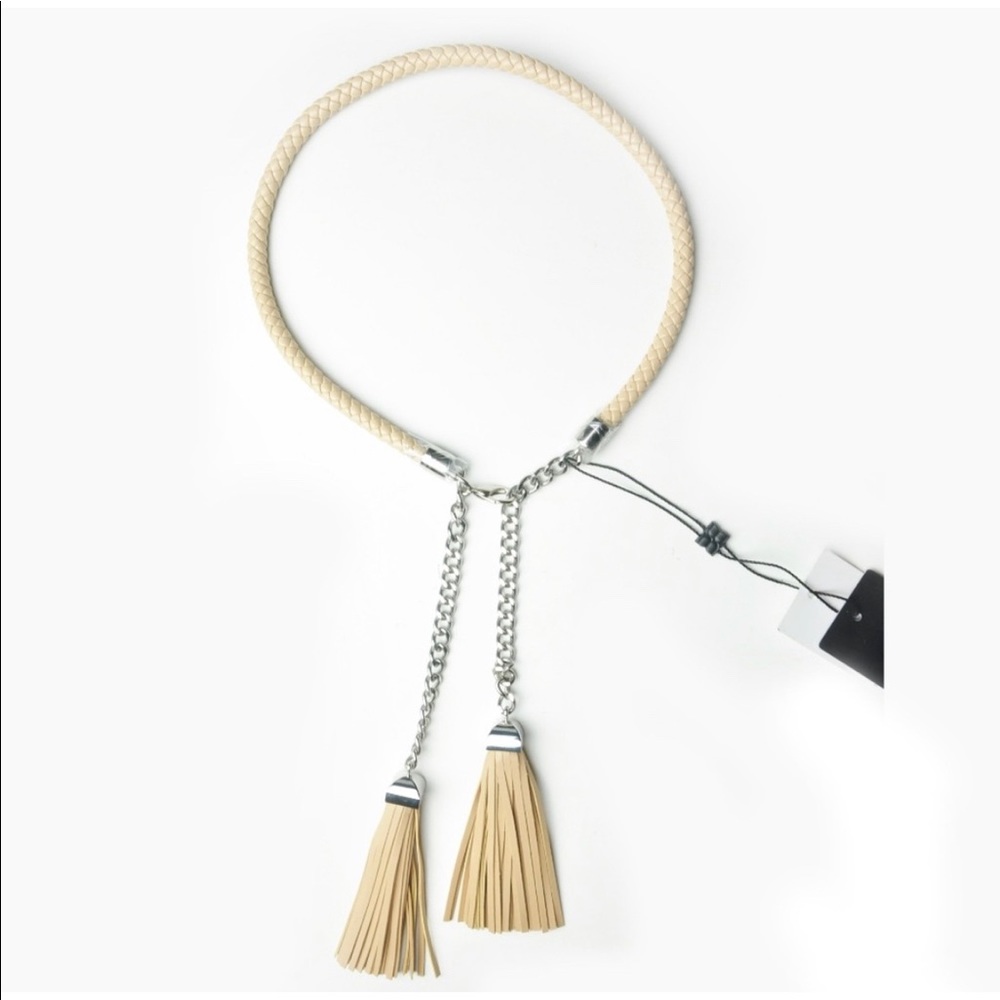 BCBG NECKLACE BEIGE LEATHER TASSEL SILVER CHAIN BRAIDED